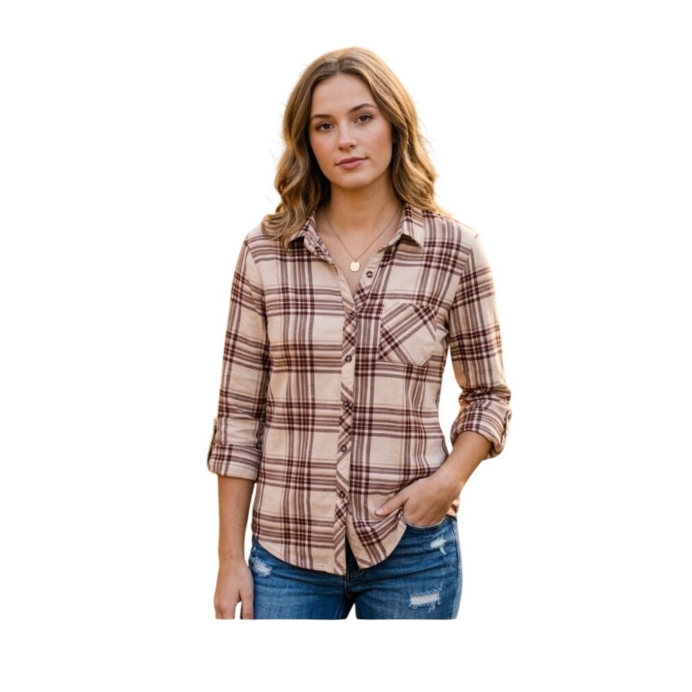 No‎ Comment Plaid Flannel Button Down Shirt Cream Brown Lightweight Stretch Knit